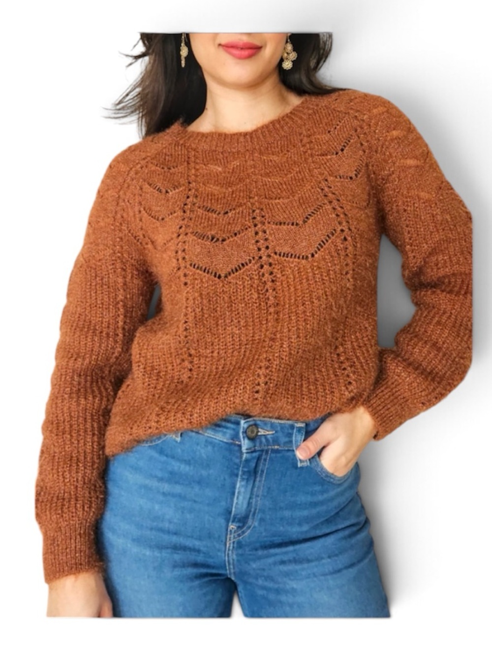 ASTR Lightweight Pointelle Crew Neck Chestnut Brown Sweater Wool Blend Large